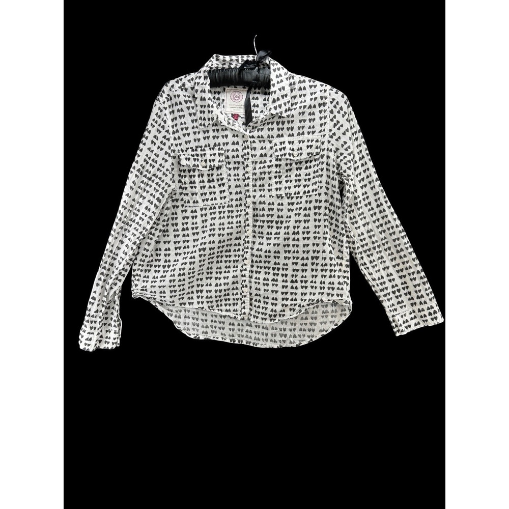 SO A Perfect Dream XL Heart Print Button Down Shirt Black White Cotton